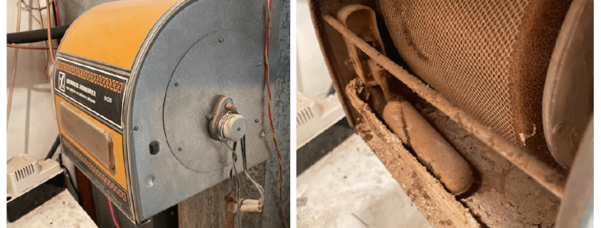 Exterior and interior view of a drum and pan style central air humidifier